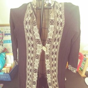 Hooded tribal pattern black sweater cardigan 1X